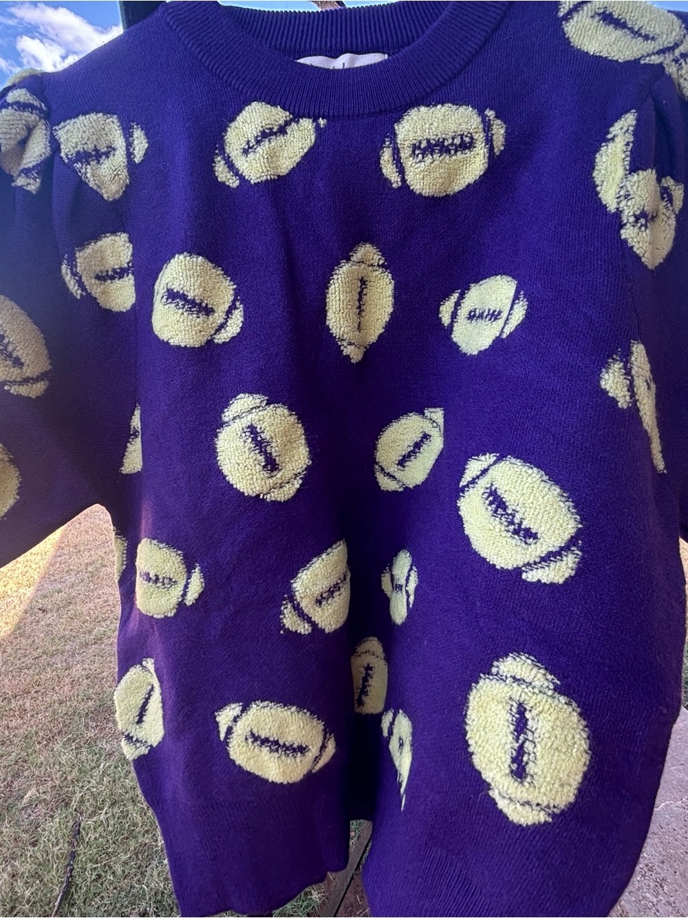 Peach Love California Purple Crewneck Sweater with Yellow football Pattern